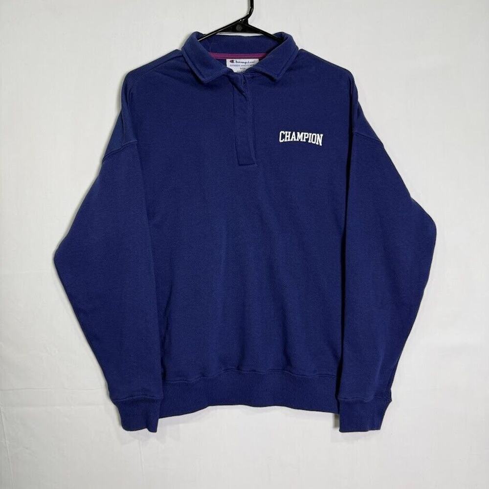 CHAMPION‎ Shirt Mens Small Blue Spellout Logo Rugby Heavy Polo Long Sleeve Logo
